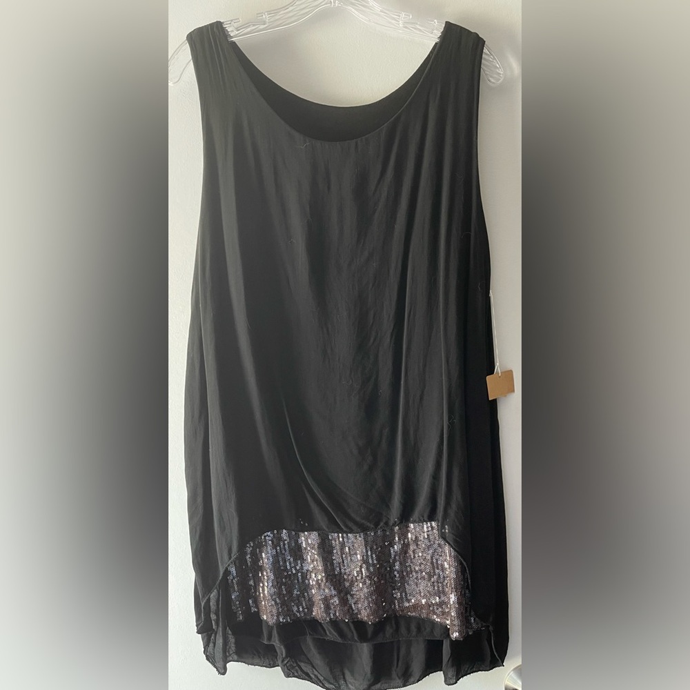 NWT! SIMPLY IRRESISTIBLE BLACK TUNIC TANK TOP BLOUSE W/ SEQUIN TRIM-ITALY-SZ XL